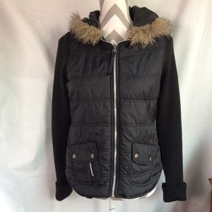 Lena Jeans Black Jacket faux Fur Trim on Hood Sweater Sleeves Sz S